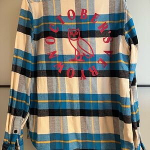 Octobers Very Own (OVO) Blue and Cream Plaid Shirt with Red Graphic